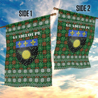 Guadeloupe Christmas Garden Flag with Green-Red Plaid Design, Sun and Sugarcane Emblem, and Santa Sleigh Motif - Wonder Print Shop