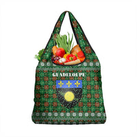 Guadeloupe Christmas Grocery Bag with Green-Red Plaid Design, Sun and Sugarcane Emblem, and Santa Sleigh Motif - Wonder Print Shop