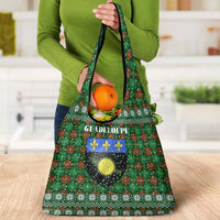 Guadeloupe Christmas Grocery Bag with Green-Red Plaid Design, Sun and Sugarcane Emblem, and Santa Sleigh Motif - Wonder Print Shop