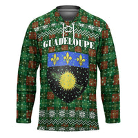 Guadeloupe Christmas Hockey Jersey with Green-Red Plaid Design, Sun and Sugarcane Emblem, and Santa Sleigh Motif - Wonder Print Shop