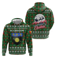 Guadeloupe Christmas Hoodie with Green-Red Plaid Design, Sun and Sugarcane Emblem, and Santa Sleigh Motif - Wonder Print Shop