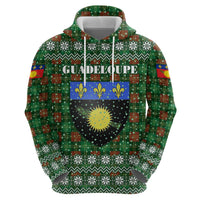 Guadeloupe Christmas Hoodie with Green-Red Plaid Design, Sun and Sugarcane Emblem, and Santa Sleigh Motif - Wonder Print Shop