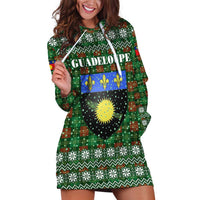 Guadeloupe Christmas Hoodie Dress with Green-Red Plaid Design, Sun and Sugarcane Emblem, and Santa Sleigh Motif - Wonder Print Shop