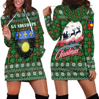 Guadeloupe Christmas Hoodie Dress with Green-Red Plaid Design, Sun and Sugarcane Emblem, and Santa Sleigh Motif - Wonder Print Shop