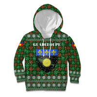 Guadeloupe Christmas Kid Hoodie with Green-Red Plaid Design, Sun and Sugarcane Emblem, and Santa Sleigh Motif - Wonder Print Shop