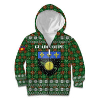 Guadeloupe Christmas Kid Hoodie with Green-Red Plaid Design, Sun and Sugarcane Emblem, and Santa Sleigh Motif - Wonder Print Shop