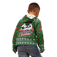 Guadeloupe Christmas Kid Hoodie with Green-Red Plaid Design, Sun and Sugarcane Emblem, and Santa Sleigh Motif - Wonder Print Shop