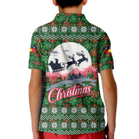Guadeloupe Christmas Kid Polo Shirt with Green-Red Plaid Design, Sun and Sugarcane Emblem, and Santa Sleigh Motif - Wonder Print Shop