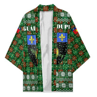 Guadeloupe Christmas Kimono with Green-Red Plaid Design, Sun and Sugarcane Emblem, and Santa Sleigh Motif - Wonder Print Shop