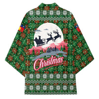 Guadeloupe Christmas Kimono with Green-Red Plaid Design, Sun and Sugarcane Emblem, and Santa Sleigh Motif - Wonder Print Shop