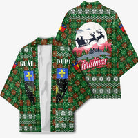 Guadeloupe Christmas Kimono with Green-Red Plaid Design, Sun and Sugarcane Emblem, and Santa Sleigh Motif - Wonder Print Shop