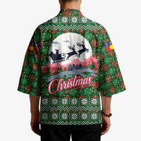 Guadeloupe Christmas Kimono with Green-Red Plaid Design, Sun and Sugarcane Emblem, and Santa Sleigh Motif - Wonder Print Shop