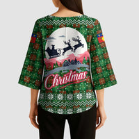 Guadeloupe Christmas Kimono Sleeve Blouse with Green-Red Plaid Design, Sun and Sugarcane Emblem, and Santa Sleigh Motif - Wonder Print Shop