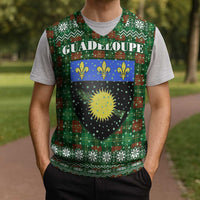 Guadeloupe Christmas Knitted V-Neck Vest with Green-Red Plaid Design, Sun and Sugarcane Emblem, and Santa Sleigh Motif - Wonder Print Shop