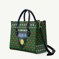 Guadeloupe Christmas Leather Bag with Green-Red Plaid Design, Sun and Sugarcane Emblem, and Santa Sleigh Motif - Wonder Print Shop