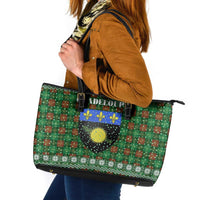 Guadeloupe Christmas Leather Tote Bag with Green-Red Plaid Design, Sun and Sugarcane Emblem, and Santa Sleigh Motif - Wonder Print Shop