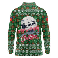 Guadeloupe Christmas Long Sleeve Polo Shirt with Green-Red Plaid Design, Sun and Sugarcane Emblem, and Santa Sleigh Motif - Wonder Print Shop