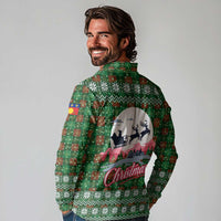Guadeloupe Christmas Long Sleeve Polo Shirt with Green-Red Plaid Design, Sun and Sugarcane Emblem, and Santa Sleigh Motif - Wonder Print Shop