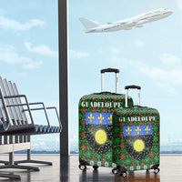 Guadeloupe Christmas Luggage Cover with Green-Red Plaid Design, Sun and Sugarcane Emblem, and Santa Sleigh Motif - Wonder Print Shop