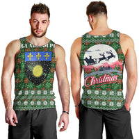 Guadeloupe Christmas Men Tank Top with Green-Red Plaid Design, Sun and Sugarcane Emblem, and Santa Sleigh Motif - Wonder Print Shop