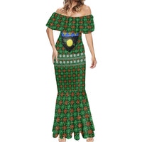 Guadeloupe Christmas Mermaid Dress with Green-Red Plaid Design, Sun and Sugarcane Emblem, and Santa Sleigh Motif - Wonder Print Shop