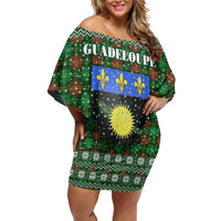 Guadeloupe Christmas Off Shoulder Short Dress with Green-Red Plaid Design, Sun and Sugarcane Emblem, and Santa Sleigh Motif - Wonder Print Shop