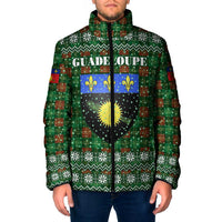 Guadeloupe Christmas Padded Jacket with Green-Red Plaid Design, Sun and Sugarcane Emblem, and Santa Sleigh Motif - Wonder Print Shop