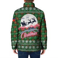 Guadeloupe Christmas Padded Jacket with Green-Red Plaid Design, Sun and Sugarcane Emblem, and Santa Sleigh Motif - Wonder Print Shop