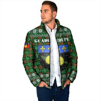 Guadeloupe Christmas Padded Jacket with Green-Red Plaid Design, Sun and Sugarcane Emblem, and Santa Sleigh Motif - Wonder Print Shop