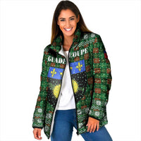 Guadeloupe Christmas Padded Jacket with Green-Red Plaid Design, Sun and Sugarcane Emblem, and Santa Sleigh Motif - Wonder Print Shop