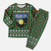Guadeloupe Christmas Pajama Set with Green-Red Plaid Design, Sun and Sugarcane Emblem, and Santa Sleigh Motif - Wonder Print Shop