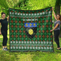 Guadeloupe Christmas Quilt with Green-Red Plaid Design, Sun and Sugarcane Emblem, and Santa Sleigh Motif - Wonder Print Shop
