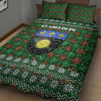 Guadeloupe Christmas Quilt Bed Set with Green-Red Plaid Design, Sun and Sugarcane Emblem, and Santa Sleigh Motif - Wonder Print Shop