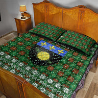Guadeloupe Christmas Quilt Bed Set with Green-Red Plaid Design, Sun and Sugarcane Emblem, and Santa Sleigh Motif - Wonder Print Shop