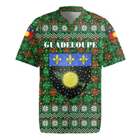 Guadeloupe Christmas Rugby Jersey with Green-Red Plaid Design, Sun and Sugarcane Emblem, and Santa Sleigh Motif - Wonder Print Shop