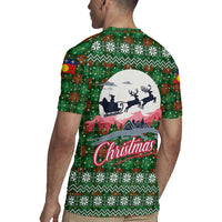 Guadeloupe Christmas Rugby Jersey with Green-Red Plaid Design, Sun and Sugarcane Emblem, and Santa Sleigh Motif - Wonder Print Shop