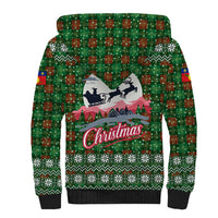 Guadeloupe Christmas Sherpa Hoodie with Green-Red Plaid Design, Sun and Sugarcane Emblem, and Santa Sleigh Motif - Wonder Print Shop