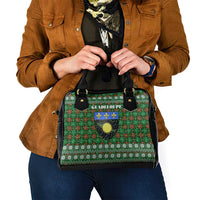 Guadeloupe Christmas Shoulder Handbag with Green-Red Plaid Design, Sun and Sugarcane Emblem, and Santa Sleigh Motif - Wonder Print Shop