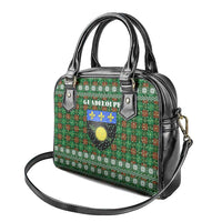 Guadeloupe Christmas Shoulder Handbag with Green-Red Plaid Design, Sun and Sugarcane Emblem, and Santa Sleigh Motif - Wonder Print Shop