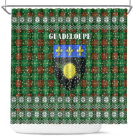 Guadeloupe Christmas Shower Curtain with Green-Red Plaid Design, Sun and Sugarcane Emblem, and Santa Sleigh Motif - Wonder Print Shop