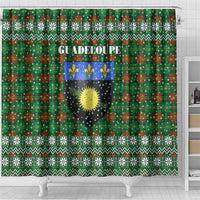 Guadeloupe Christmas Shower Curtain with Green-Red Plaid Design, Sun and Sugarcane Emblem, and Santa Sleigh Motif - Wonder Print Shop