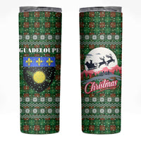 Guadeloupe Christmas Skinny Tumbler with Green-Red Plaid Design, Sun and Sugarcane Emblem, and Santa Sleigh Motif - Wonder Print Shop