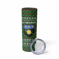 Guadeloupe Christmas Skinny Tumbler with Green-Red Plaid Design, Sun and Sugarcane Emblem, and Santa Sleigh Motif - Wonder Print Shop