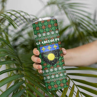 Guadeloupe Christmas Skinny Tumbler with Green-Red Plaid Design, Sun and Sugarcane Emblem, and Santa Sleigh Motif - Wonder Print Shop