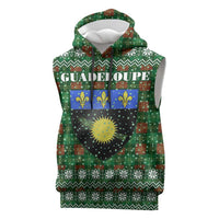 Guadeloupe Christmas Sleeveless Hoodie with Green-Red Plaid Design, Sun and Sugarcane Emblem, and Santa Sleigh Motif - Wonder Print Shop