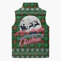 Guadeloupe Christmas Sleeveless Puffer Jacket with Green-Red Plaid Design, Sun and Sugarcane Emblem, and Santa Sleigh Motif - Wonder Print Shop