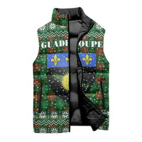 Guadeloupe Christmas Sleeveless Puffer Jacket with Green-Red Plaid Design, Sun and Sugarcane Emblem, and Santa Sleigh Motif - Wonder Print Shop