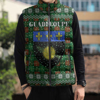 Guadeloupe Christmas Sleeveless Puffer Jacket with Green-Red Plaid Design, Sun and Sugarcane Emblem, and Santa Sleigh Motif - Wonder Print Shop