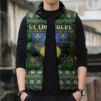 Guadeloupe Christmas Sleeveless Puffer Jacket with Green-Red Plaid Design, Sun and Sugarcane Emblem, and Santa Sleigh Motif - Wonder Print Shop