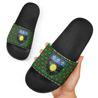 Guadeloupe Christmas Slide Sandals with Green-Red Plaid Design, Sun and Sugarcane Emblem, and Santa Sleigh Motif - Wonder Print Shop